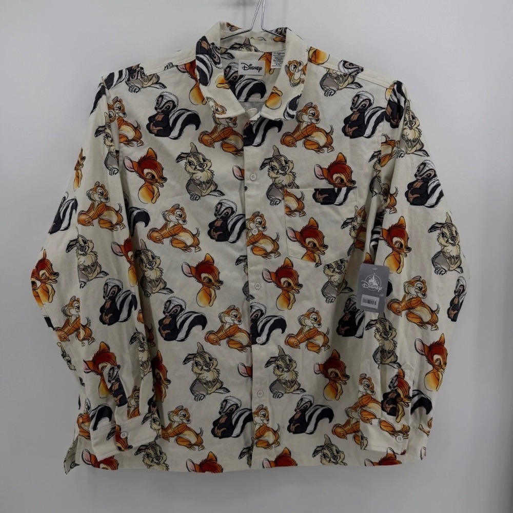 Disney Button Down Mens XXL Bambi Thumper Flower Print Cotton Cream Character